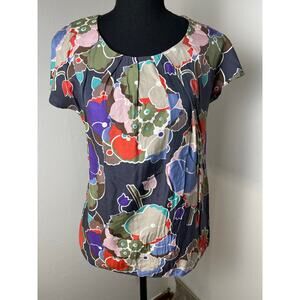 Boden Women's Floral Whimsical Casual Silk Viscose Short Sleeve Top Blue 6